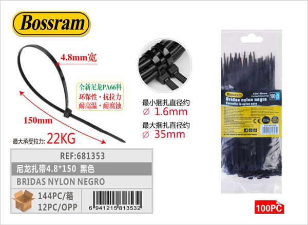 Bridas de nylon negro 4.8x150mm 100pcs para sujeción