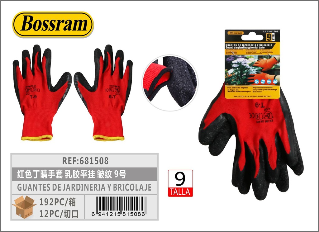 Guantes de jardinería y bricolaje de nitrilo rojo talla 9