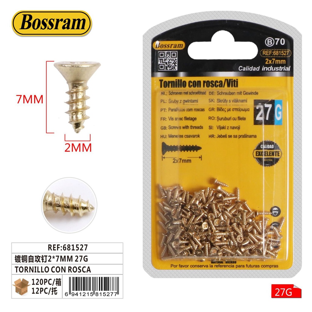 Tornillo con rosca 2*7mm 27g 镀铜自攻钉 para fijación