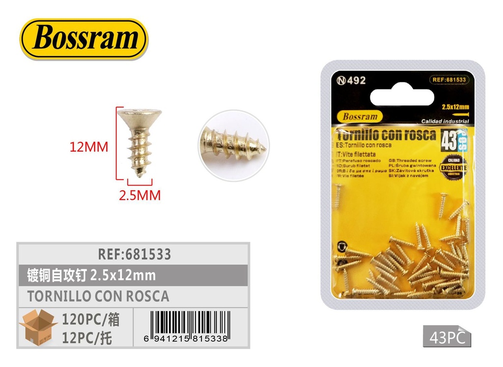 Tornillo con rosca 2.5x12mm 43pcs para ensamblajes y fijaciones