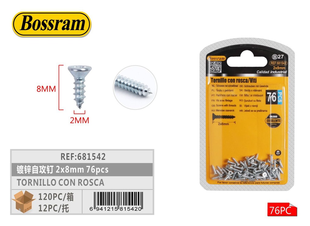 Tornillo autoperforante galvanizado 2x8mm 76pcs para fijación