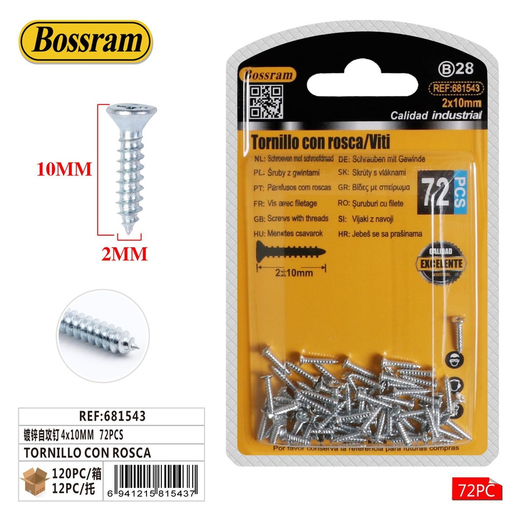 Tornillo con rosca 2x10mm 72pcs para fijación