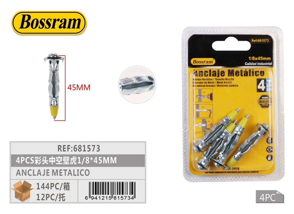 Anclaje metálico 4pcs 1/8x45mm para sujeción en pared