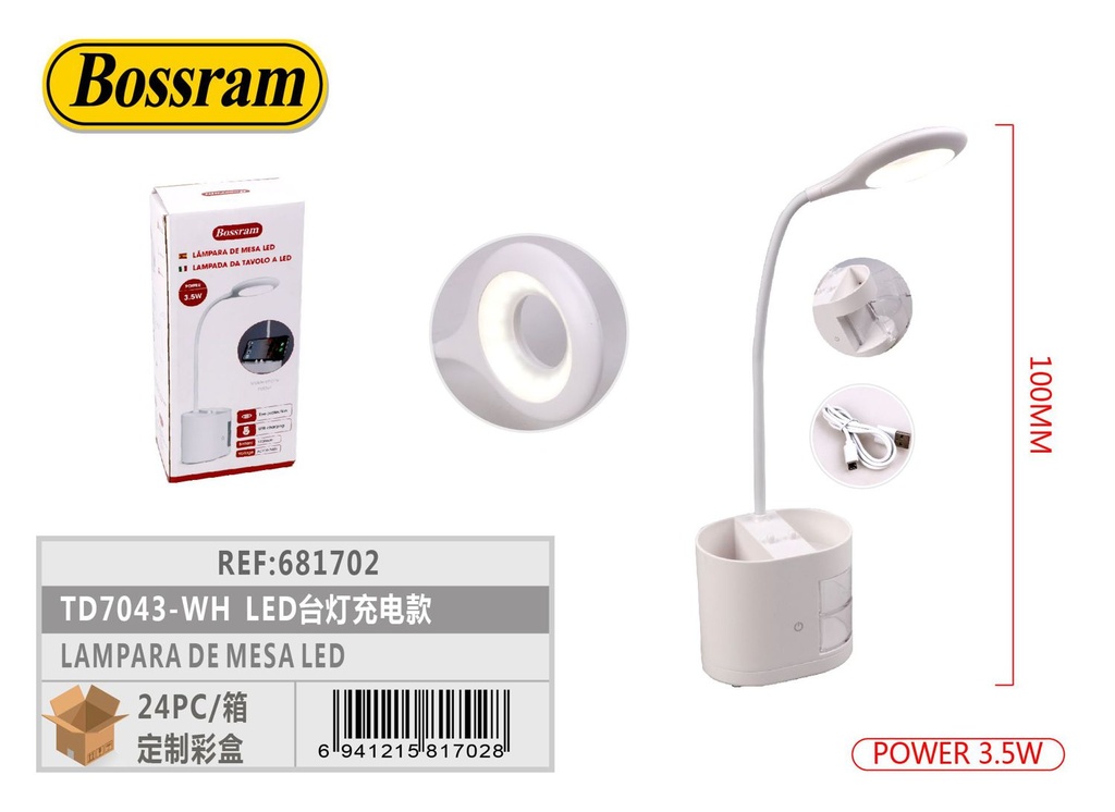 Lámpara de mesa LED recargable TD7043-WH para iluminación