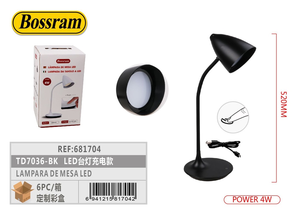 Lámpara de mesa LED recargable TD7036-BK para escritorio y lectura