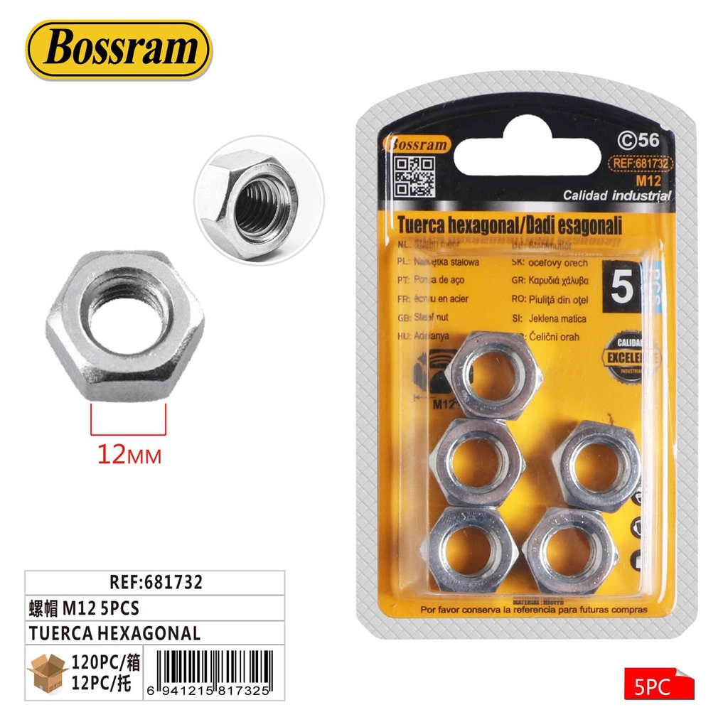 Tuerca hexagonal M12 5pcs para bricolaje