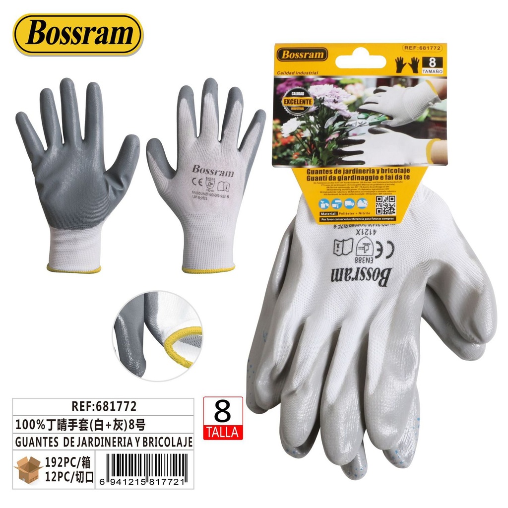 Guantes de jardinería y bricolaje blancos y grises talla 8