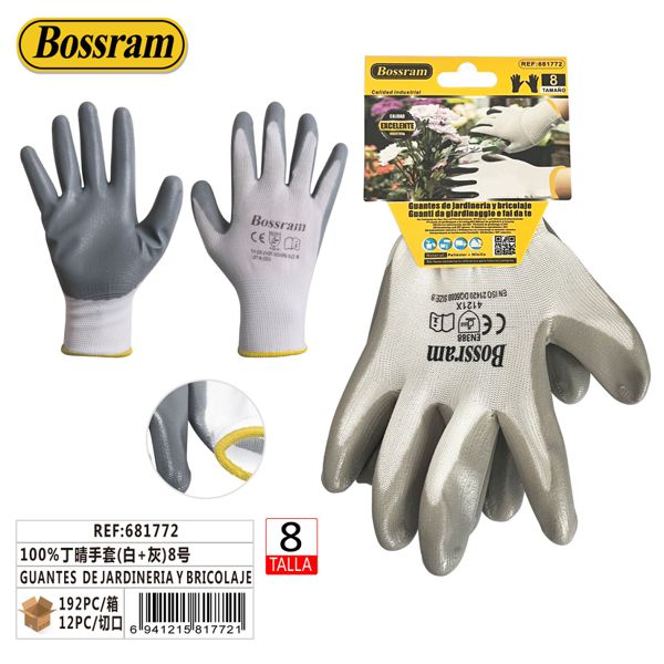 Guantes de jardinería y bricolaje blancos y grises talla 8