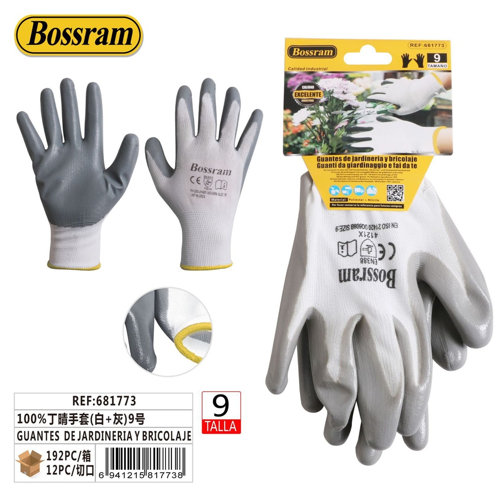 Guantes de jardinería y bricolaje blancos y grises talla 9 para protección