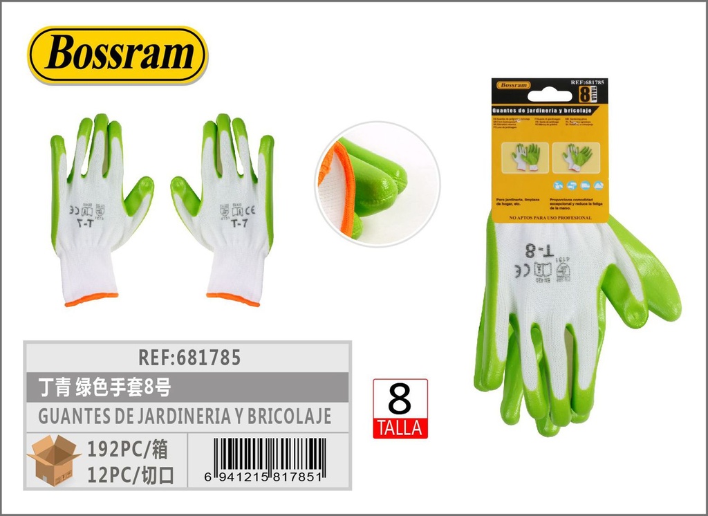 Guantes de jardinería y bricolaje verdes talla 8 para protección