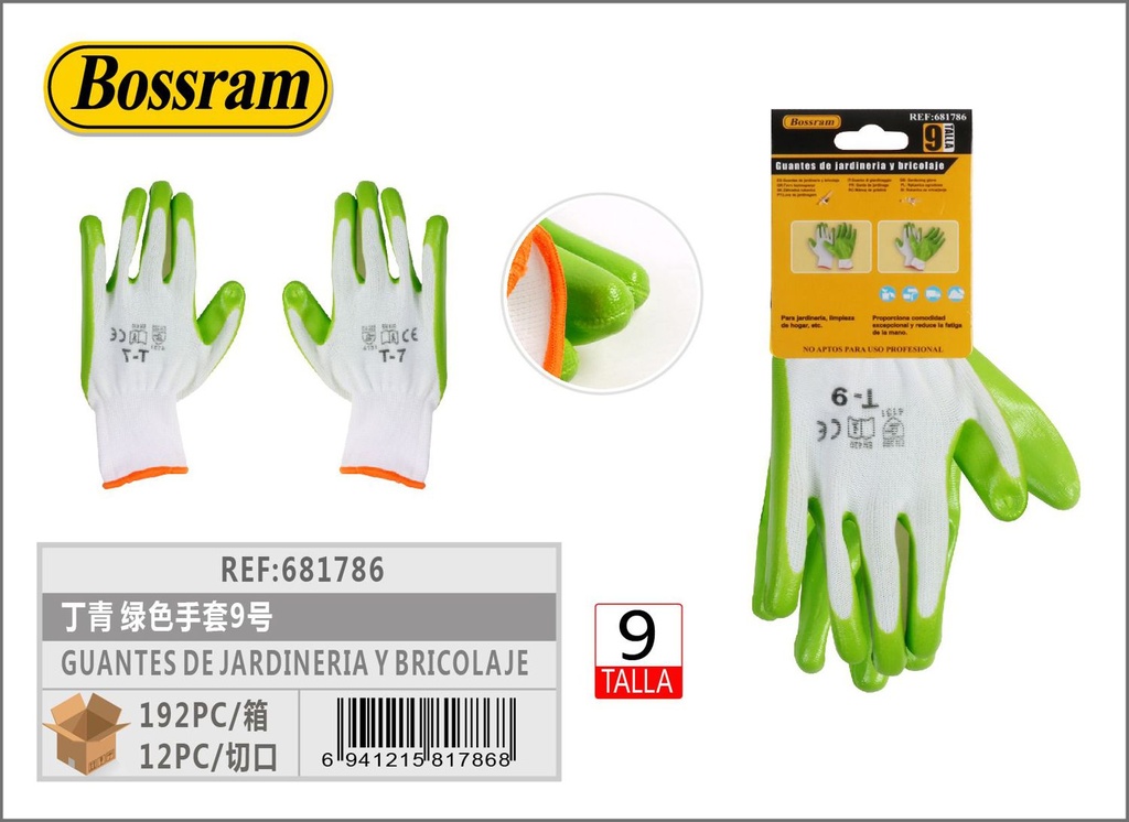 Guantes de jardinería y bricolaje talla 9 verdes para protección