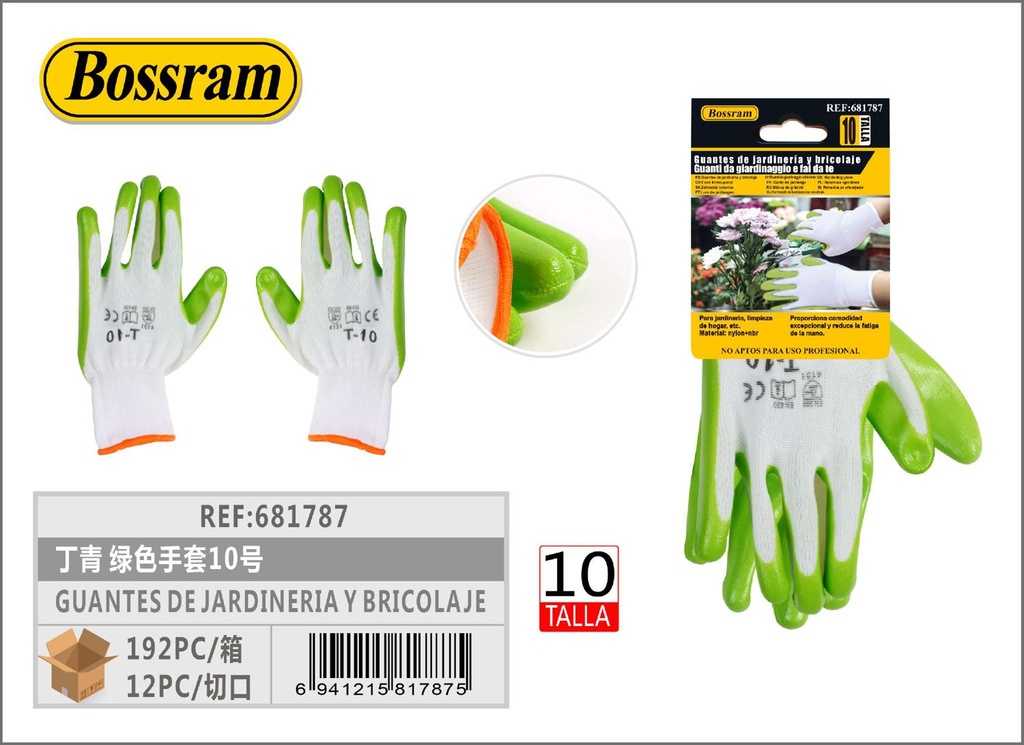 Guantes de jardinería y bricolaje verdes talla 10