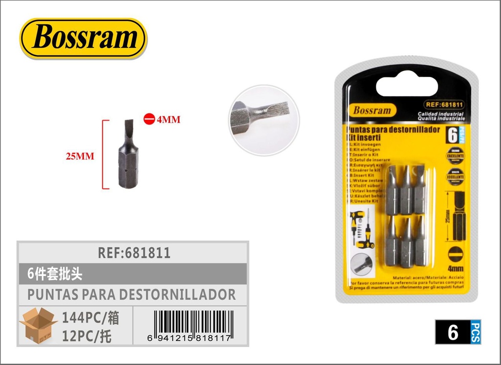 Puntas para destornillador 4 mm*25 mm 6 piezas