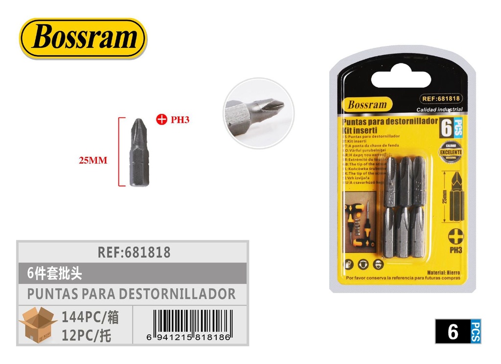 Puntas para destornillador PH3*25 mm 6 piezas