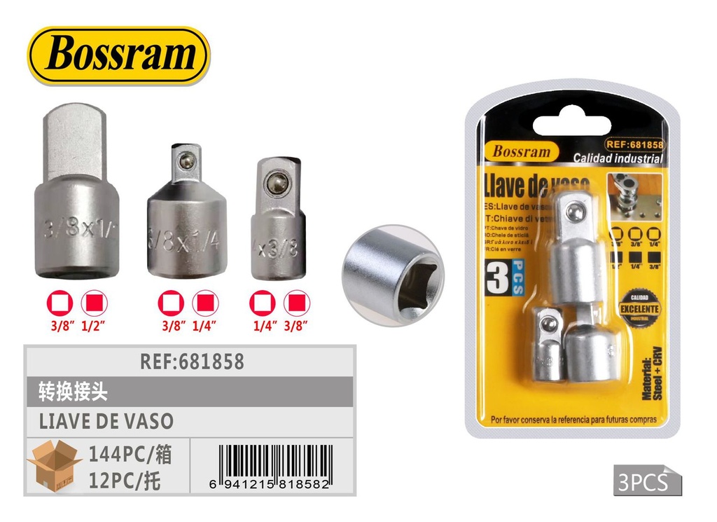 Adaptador de llave de vaso 3pcs 3/8”-1/2” 3/8”-1/4” 1/4”-3/8” para herramientas