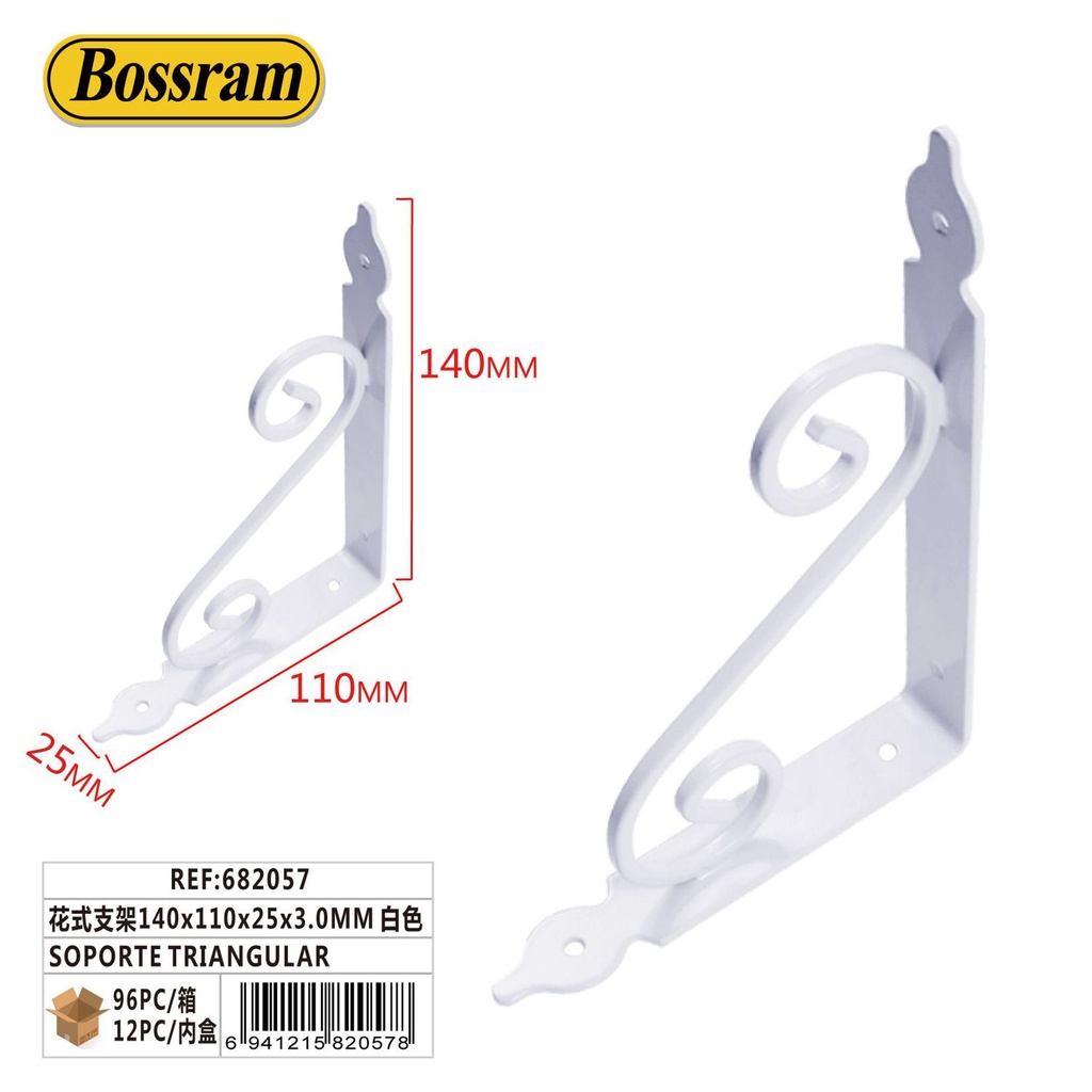 Soporte triangular blanco 140x110x25x3.0mm para estanterías