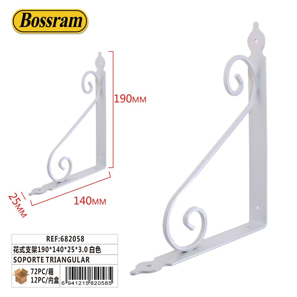 Soporte triangular blanco 190x140x25x3.0 para fijación