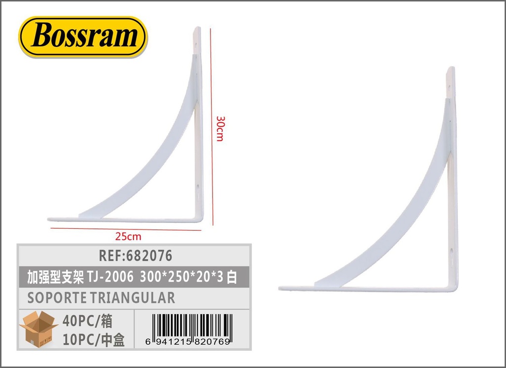 Soporte triangular TJ-2006 300x250x20x3 blanco para estantes