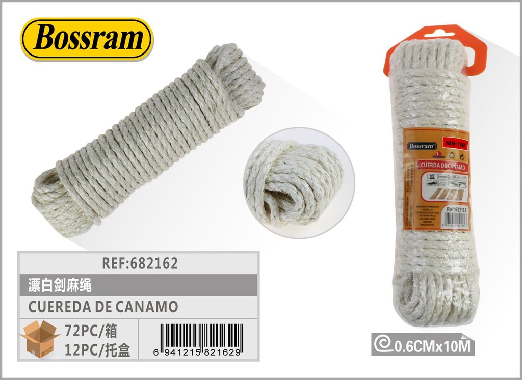 Cuerda de cáñamo blanqueada 6mm x 10m para múltiples usos