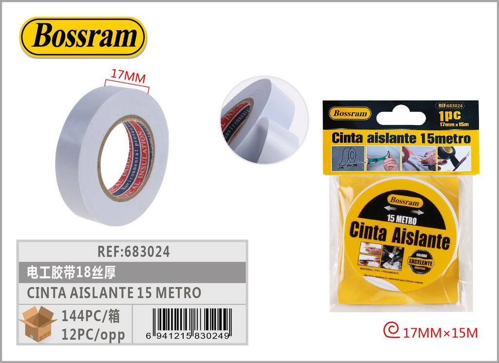 Cinta aislante blanca 15 metros 17mm grosor para electricidad