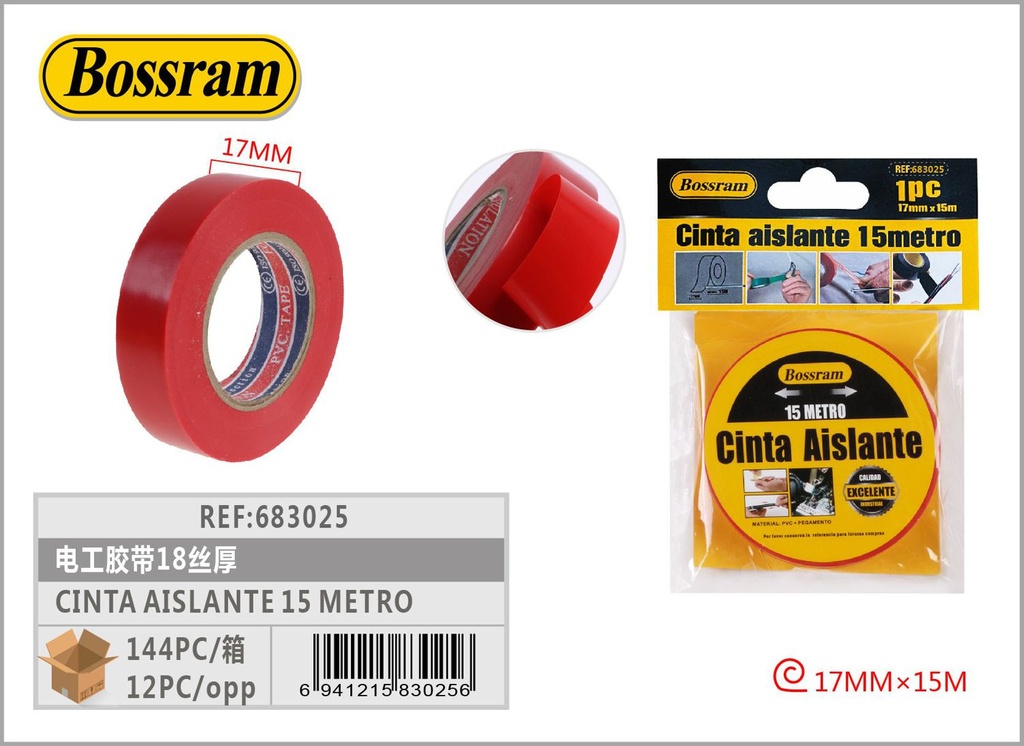 Cinta aislante roja 17mmx15m para electricidad