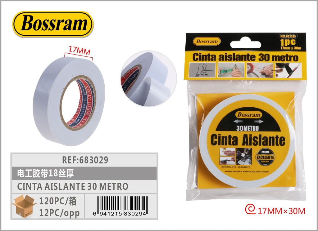 Cinta aislante blanca 17mm x 30m para electricistas