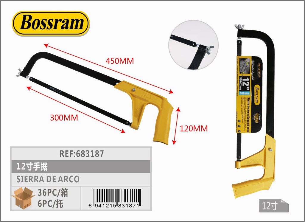 Sierra de arco con mango de aluminio 12'' para corte de metal