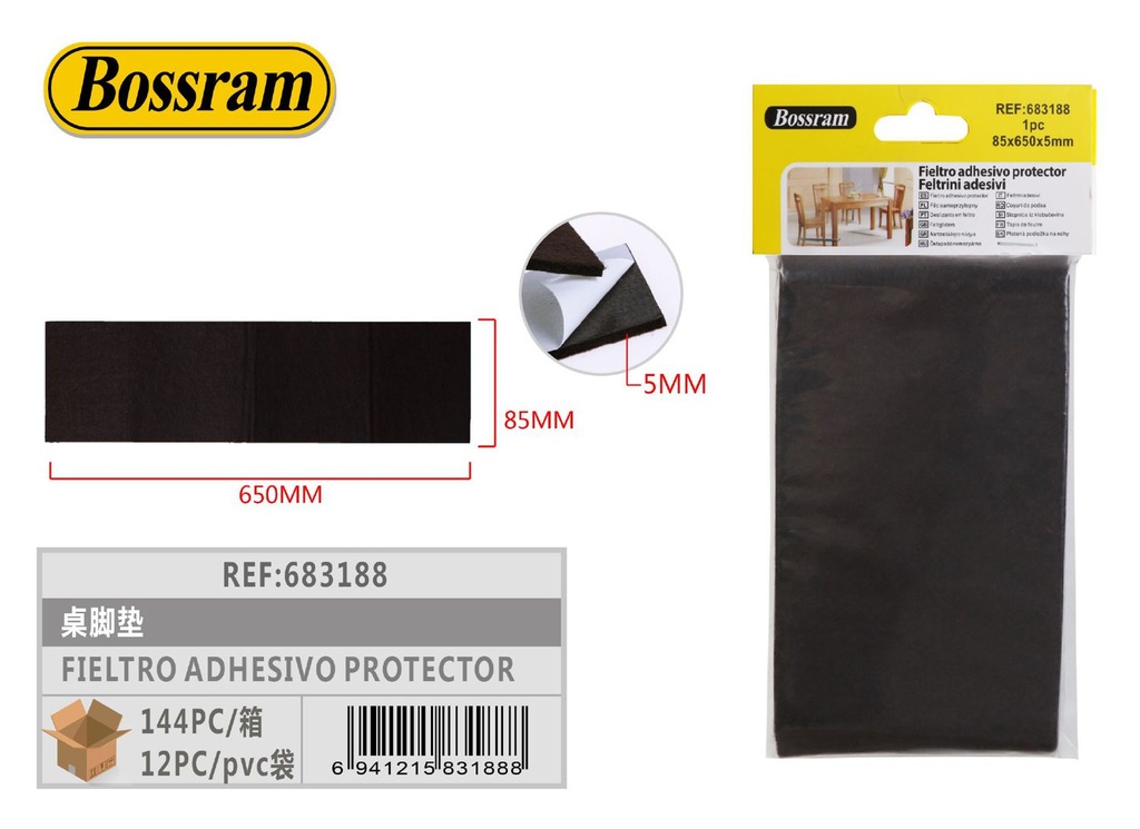 Fieltro adhesivo protector 85x650x5mm marrón para muebles