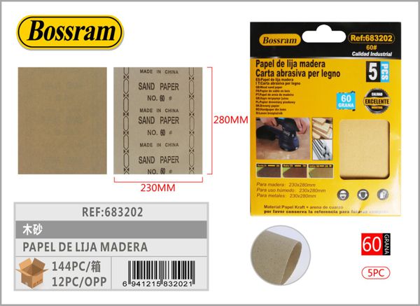 Papel de lija madera 230x280mm 60 grano 5 hojas para lijado