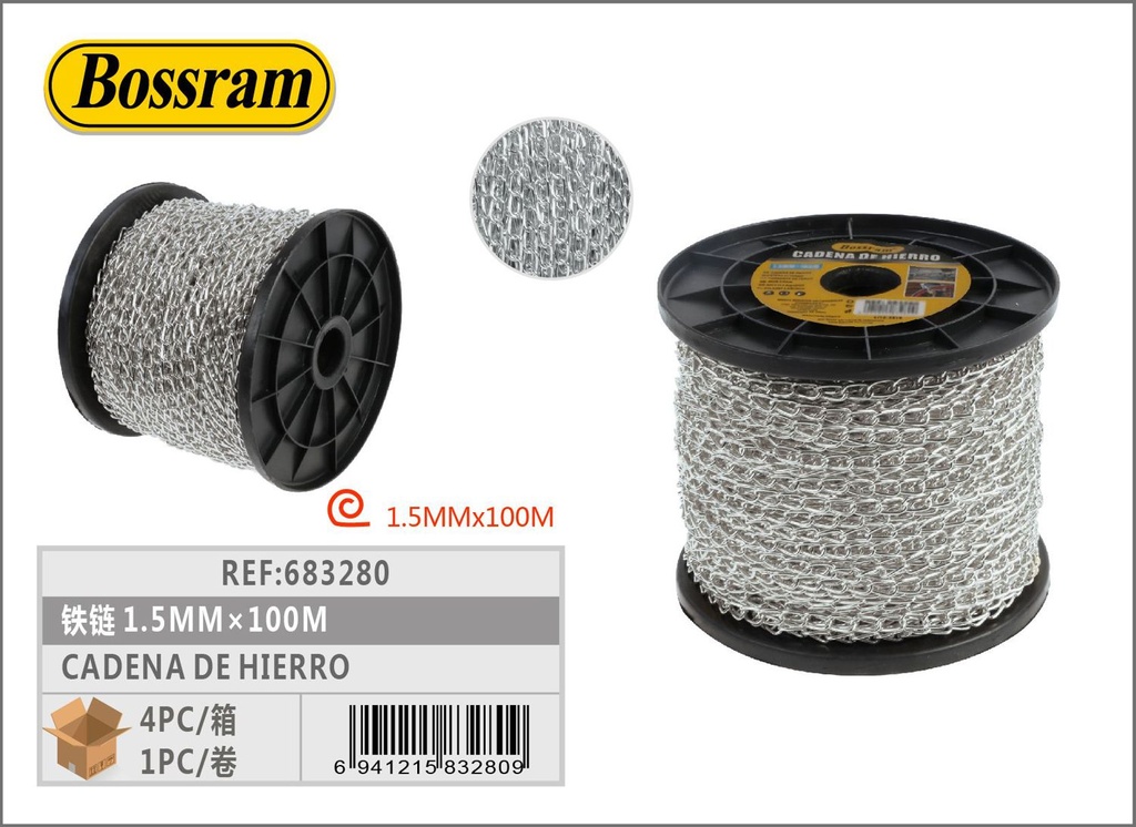 Cadena de hierro 1.5mm x 100m para seguridad y uso general