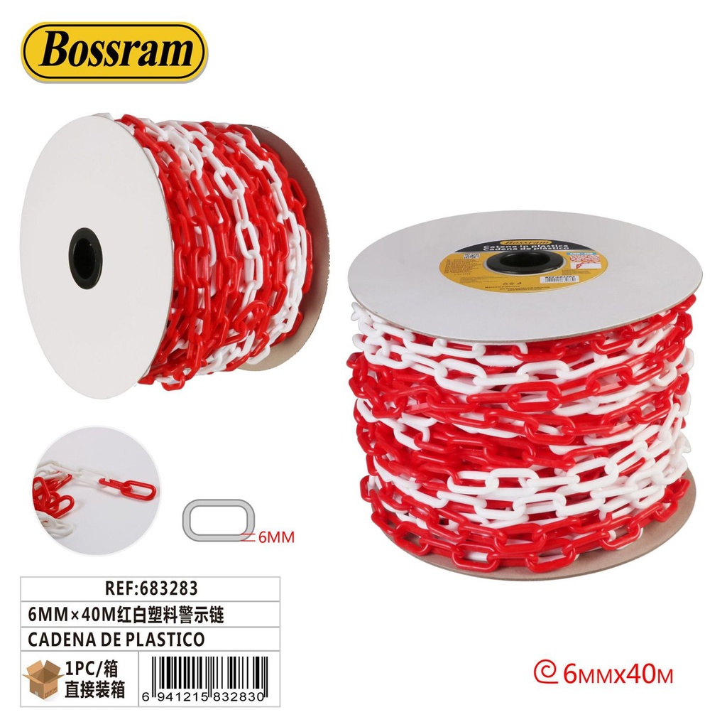 Cadena de plástico rojo y blanco 6mm x 40m para señalización