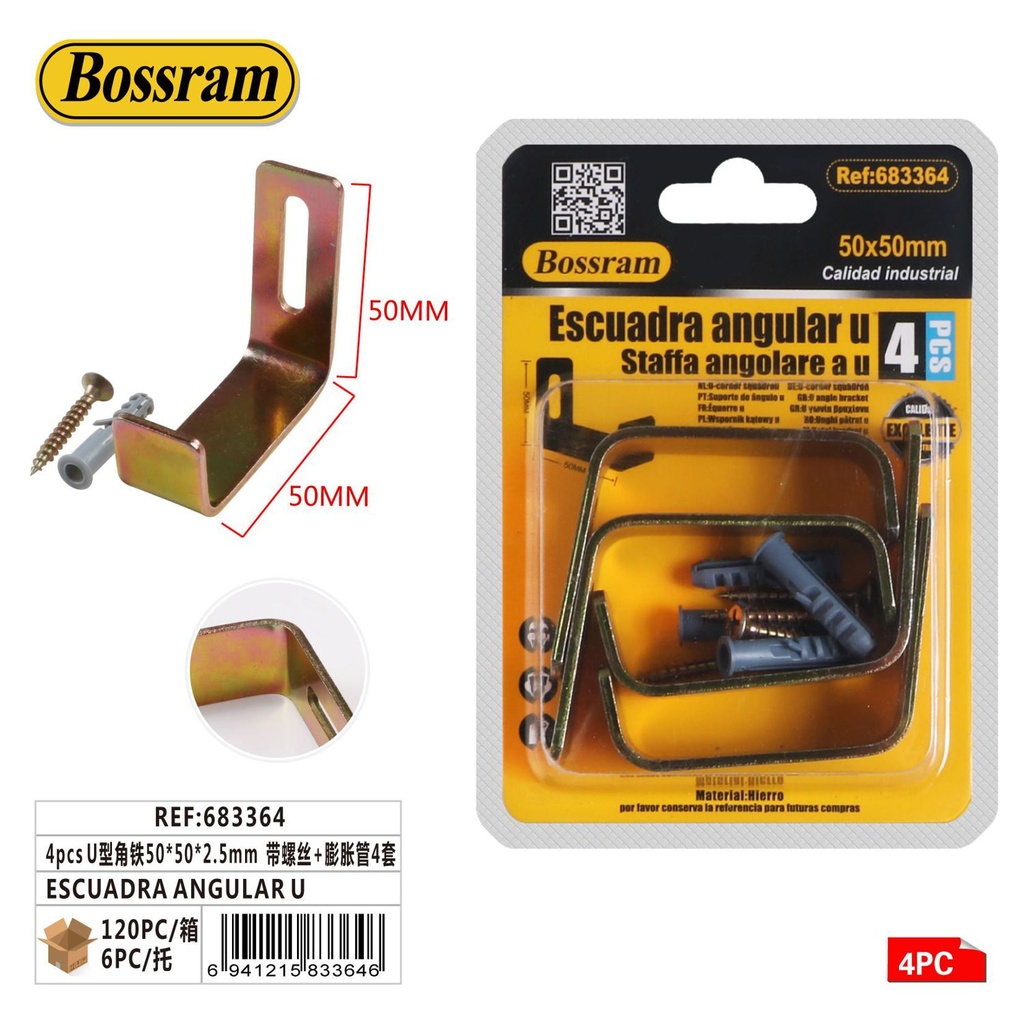 Escuadra angular U 50x50x2.5mm con tornillos y tacos 4pcs para estructuras