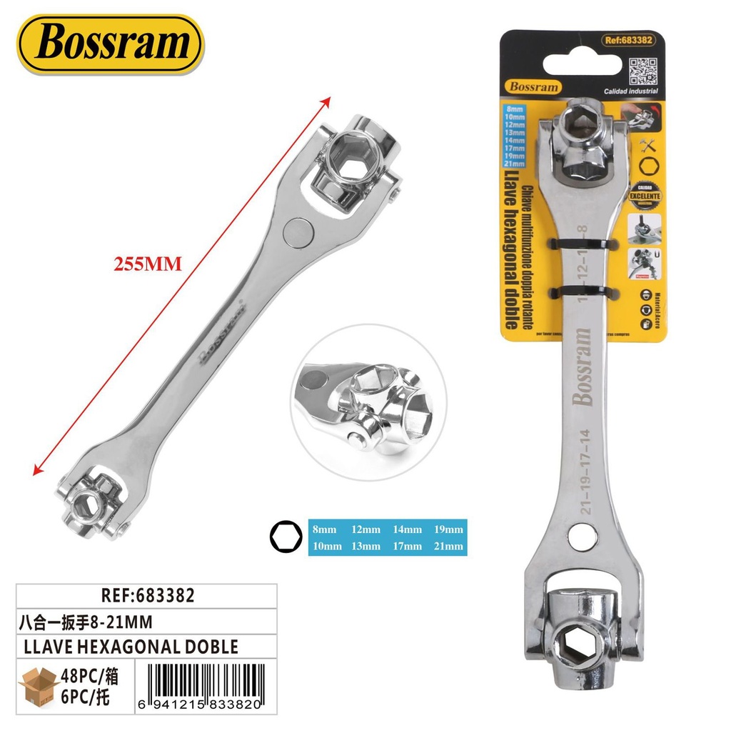 LLave hexagonal doble 8-21 mm para ferretería y herramientas