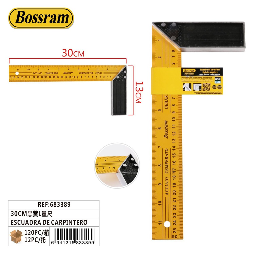 Escuadra de carpintero 30cm negra y amarilla