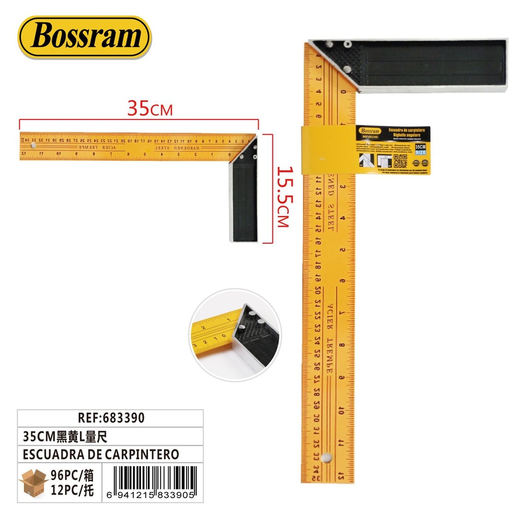 Escuadra de carpintero 35cm negro y amarillo para medición