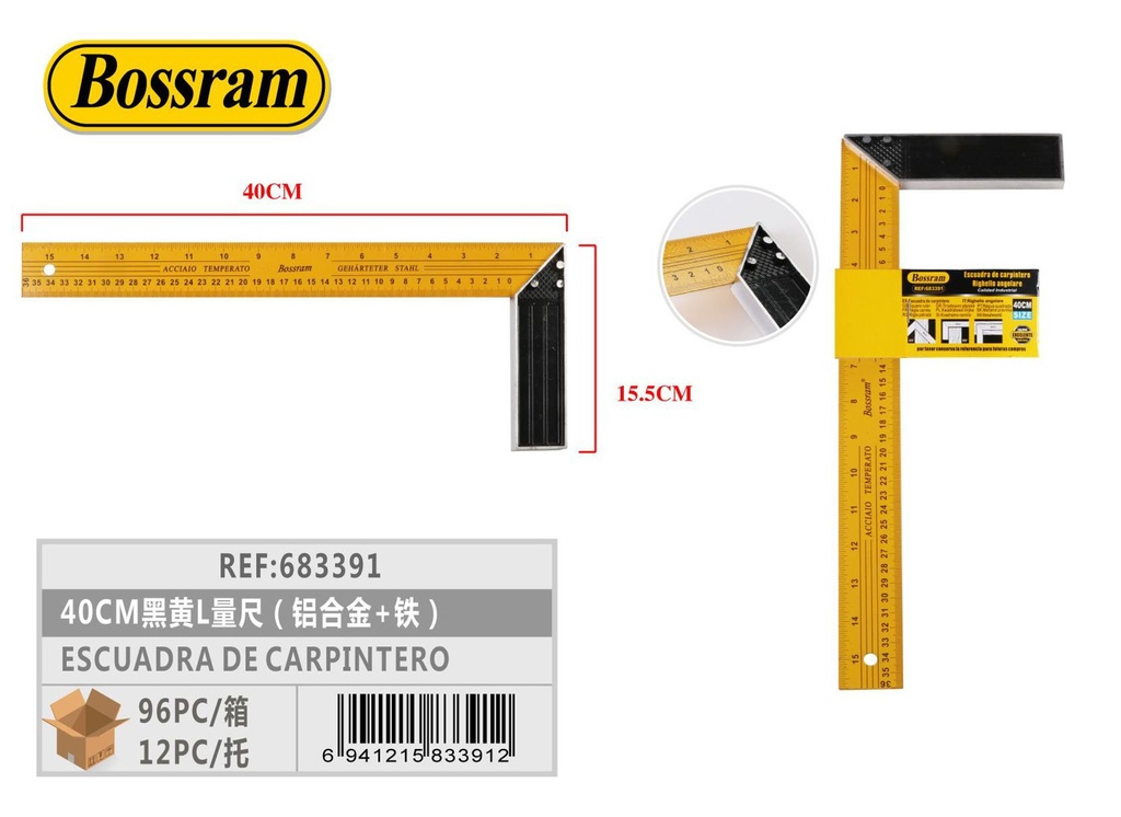 Escuadra de carpintero 40cm negra y amarilla