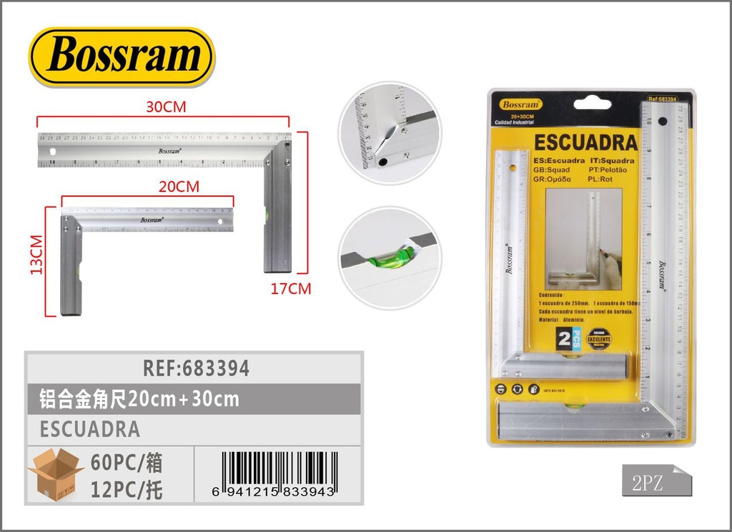 Escuadra de aluminio 20cm+30cm para medición en carpintería