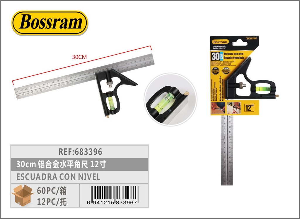 Escuadra con nivel de aluminio 30cm para medición precisa