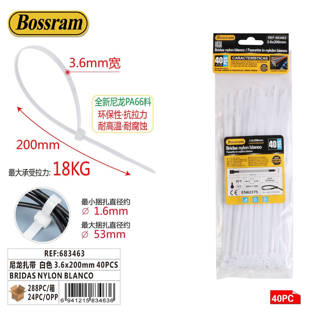 Bridas de nylon blanco 4x200mm pack de 40 para sujeción