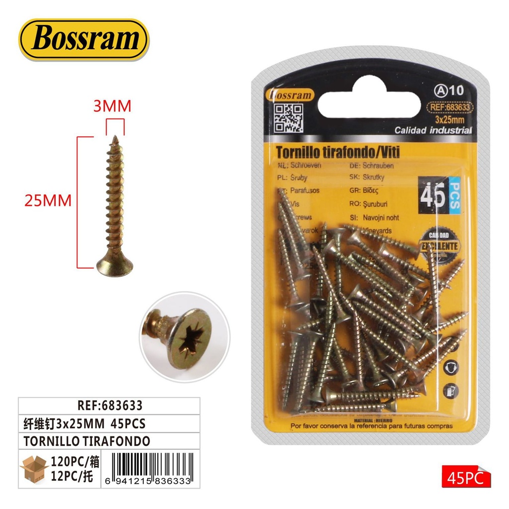 Tornillo tirafondo de fibra 3x25mm 45pcs