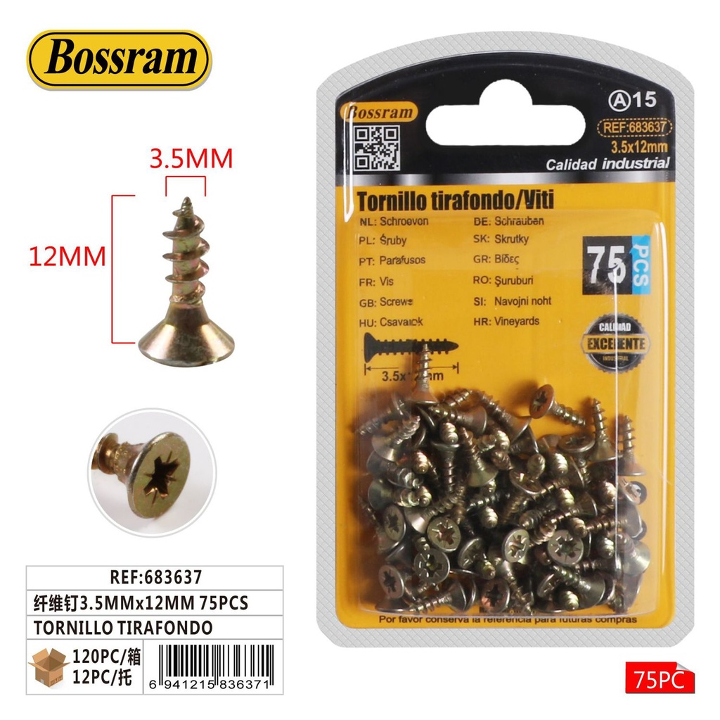 Tornillo tirafondo 3.5mm x 12mm 75pcs para ferretería