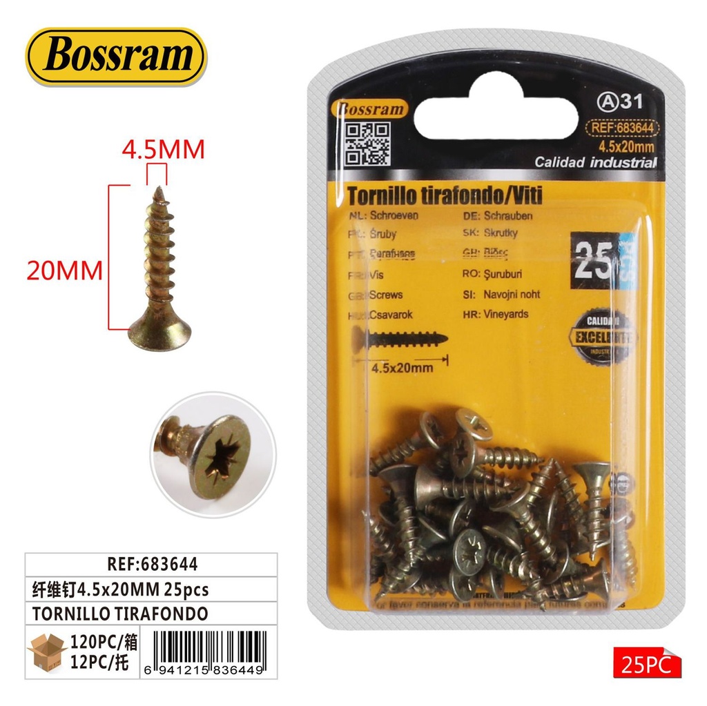 Tornillo tirafondo 4.5x20mm (cementado) 25pcs para fijación