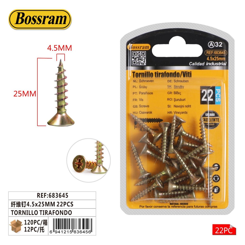 Tornillo tirafondo de fibra 4.5x25mm 22pcs para sujeción y fijación