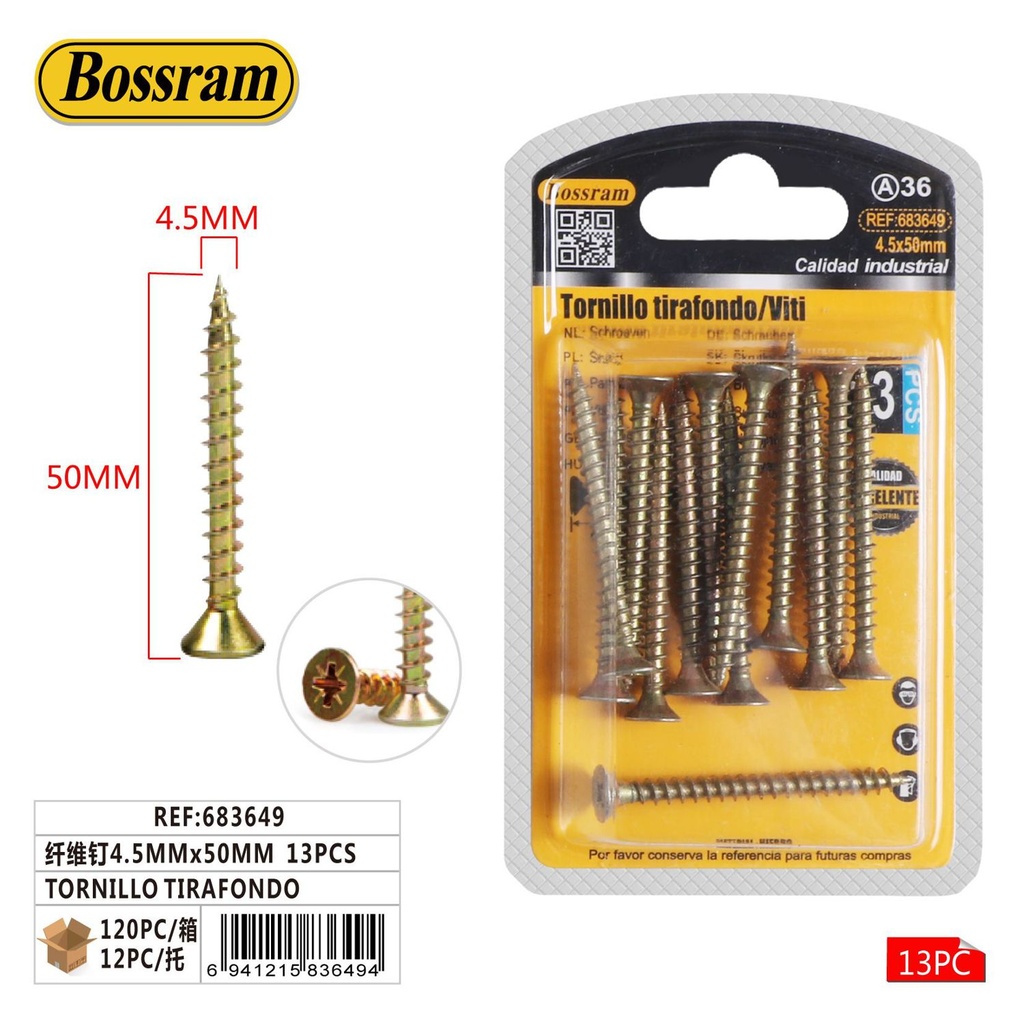 Tornillo tirafondo 4.5x50mm 13pcs para fijación y construcción