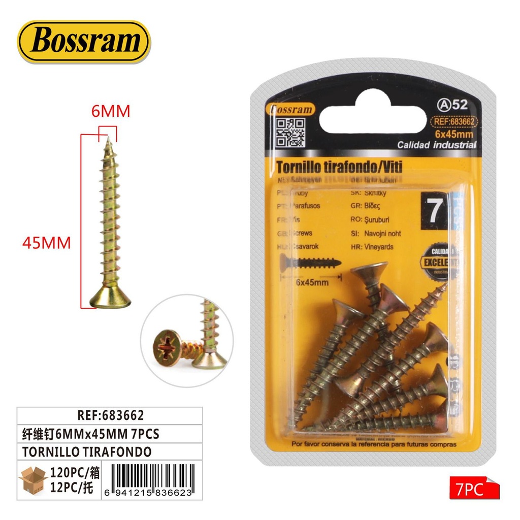 Tornillo tirafondo 6mmx45mm 7pcs para sujeción y fijación