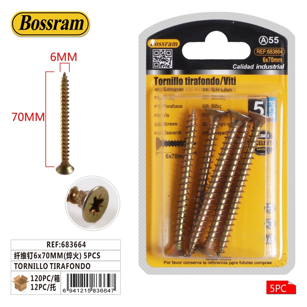 Tornillo tirafondo con fibra 6x70mm 5pcs