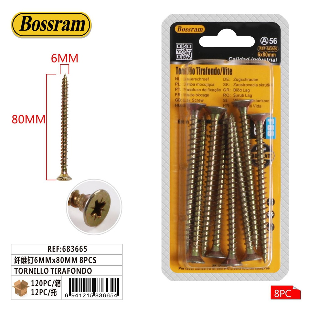 Tornillo tirafondo de fibra 6mm x 80mm 8pcs para fijación segura