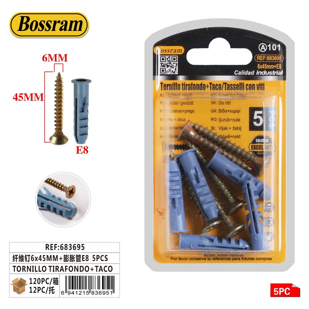 Tornillo tirafondo con taco 6x45mm 5pcs para bricolaje