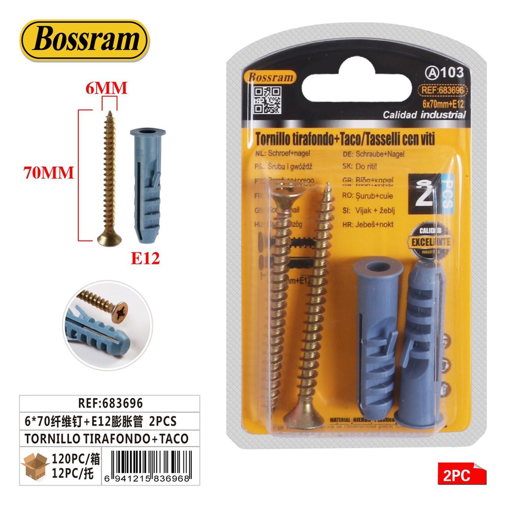 Tornillo tirafondo con taco 6*70 fibra 2pcs