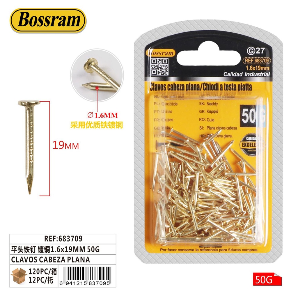 Clavos cabeza plana de cobre 1.6x19mm 50g para carpintería